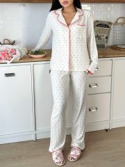 [Pajama Set for Women] Elegant Casual Sweet Cute Heart Pattern Color Block Pajama Set for Women, Comfortable Home Wear with Pockets, Long Sleeve, All-Season, No Belt, Perfect for Adult - Image 4