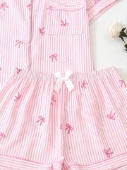 [Casual Pajama Set] Women's Four-Season Casual Lapel Pajama Set, Comfortable Buttoned Top with Bow Belt Shorts, 2pcs - Image 5