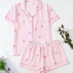 [Casual Pajama Set] Women's Four-Season Casual Lapel Pajama Set, Comfortable Buttoned Top with Bow Belt Shorts, 2pcs