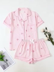 [Casual Pajama Set] Women's Four-Season Casual Lapel Pajama Set, Comfortable Buttoned Top with Bow Belt Shorts, 2pcs
