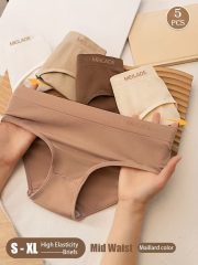 5pcs Seamless Women's Briefs - Maillard Color, Mid Waist, Lifting Buttock, High Elasticity, Comfortable & Breathable Lingerie, Ladies Flat Belly Sheath Underwear - Image 7