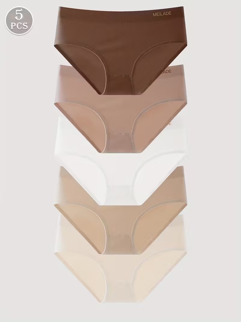 nvny1 (3) 5pcs Seamless Women's Briefs - Maillard Color, Mid Waist, Lifting Buttock, High Elasticity, Comfortable & Breathable Lingerie, Ladies Flat Belly Sheath Underwear - Image 1