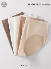 5pcs Seamless Women's Briefs - Maillard Color, Mid Waist, Lifting Buttock, High Elasticity, Comfortable & Breathable Lingerie, Ladies Flat Belly Sheath Underwear - Image 3