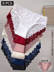 [Elegant Floral Lace Panties] 6-Pack Women's Underwear - Elegant Floral Lace Panties, Stretchy Breathable Everyday & Special Occasion Briefs, Soft Semi-Sheer Lace Front, Multi-Color Pack (White/Red/Navy/Black/Pink/Brown) - Mid-Rise Everyday basics for Women