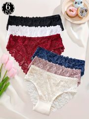 [Elegant Floral Lace Panties] 6-Pack Women's Underwear - Elegant Floral Lace Panties, Stretchy Breathable Everyday & Special Occasion Briefs, Soft Semi-Sheer Lace Front, Multi-Color Pack (White/Red/Navy/Black/Pink/Brown) - Mid-Rise Everyday basics for Women - Image 3