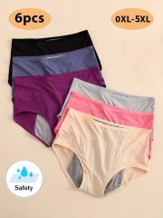 6 Pack - Women'S Large Size Leak-Proof Physiological Underwear Mesh Super Breathable Underwear High Stretch Underwear Three-Layer Widened Leak-Proof Layer Briefs High Waist Abdomen Underwear Women