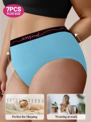 7-Pack Plus Size Women'S Mid-Rise Underwear with Letter Waistband Vertical Striped Soft Stretchy High Elasticity Tummy Control Shaping Wear, & Wear - 90% Fabric, Plus Size Panties - Image 3