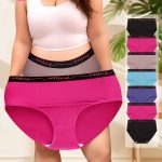 7-Pack Plus Size Women'S Mid-Rise Underwear with Letter Waistband Vertical Striped Soft Stretchy High Elasticity Tummy Control Shaping Wear, & Wear - 90% Fabric, Plus Size Panties