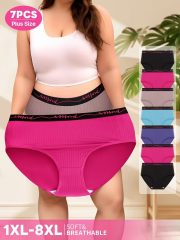 7-Pack Plus Size Women'S Mid-Rise Underwear with Letter Waistband Vertical Striped Soft Stretchy High Elasticity Tummy Control Shaping Wear, & Wear - 90% Fabric, Plus Size Panties